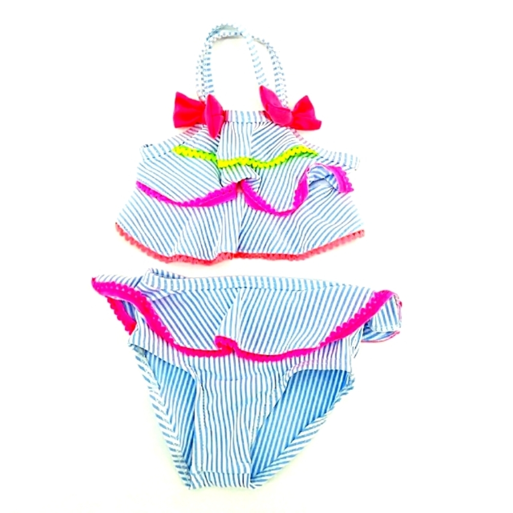 Freestyle Revolution Swim Wear Pinstripe Neon Bows Ruffle Bikini 3 Months
